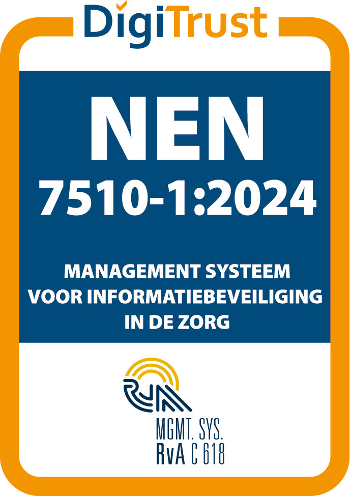 NEN 7510 gecertificeerd keurmerk van BK IT Solutions voor informatiebeveiliging in de zorg, uitgegeven door DigiTrust