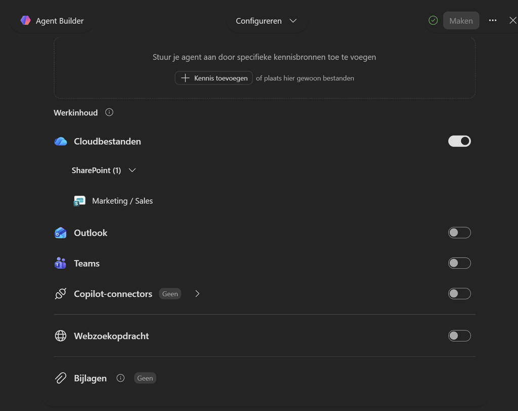 Kennisbronnen koppelen in Agent Builder