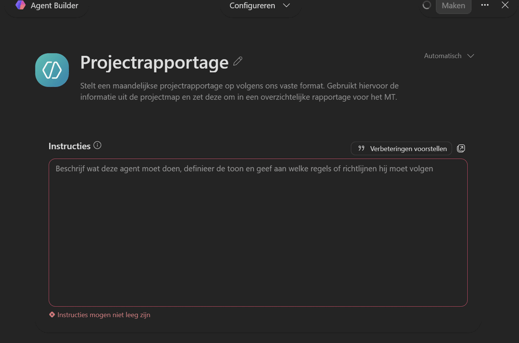 Naam en beschrijving van de agent in Agent Builder