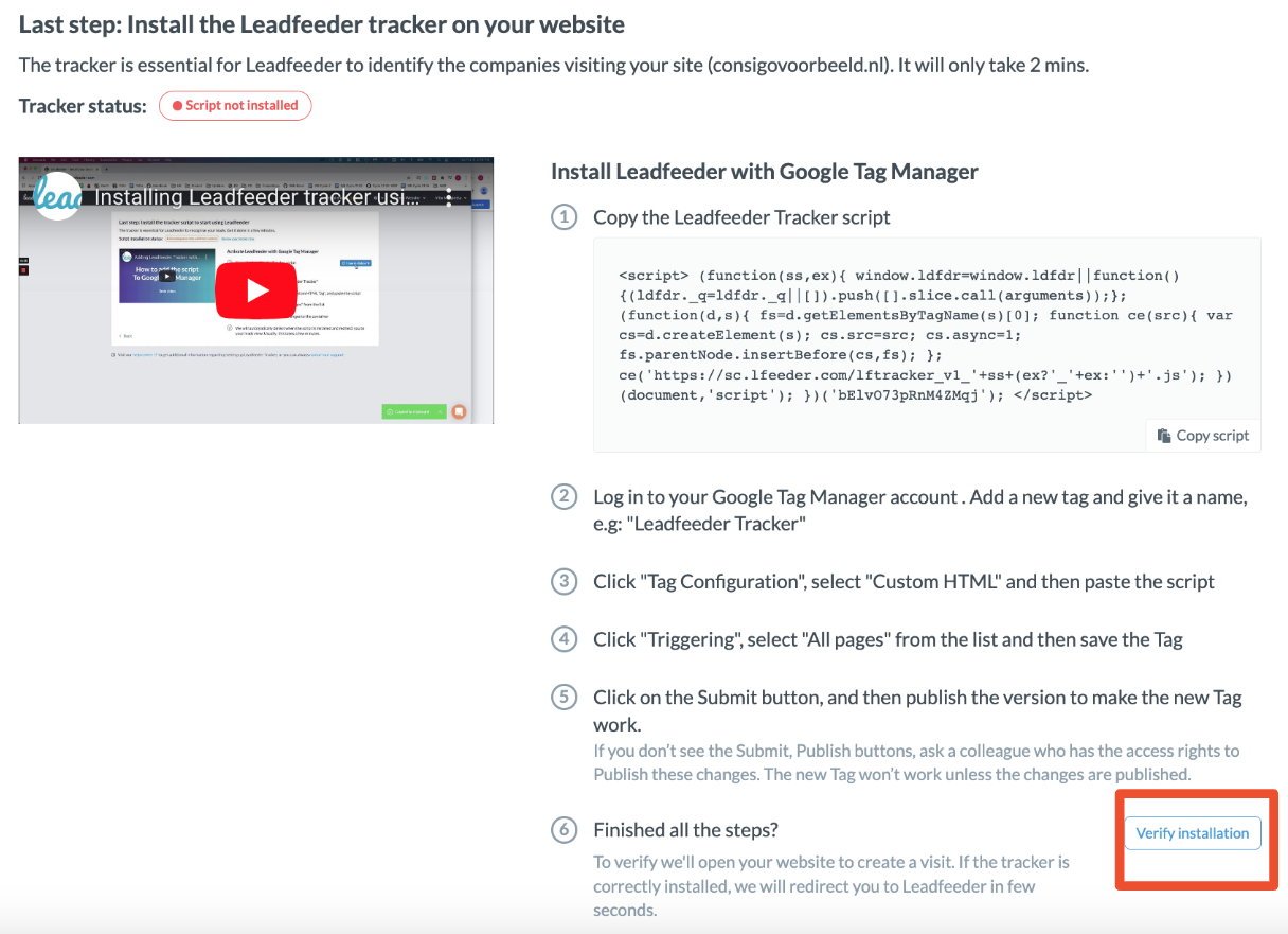 Google Tag Manager koppelen Leadfeeder