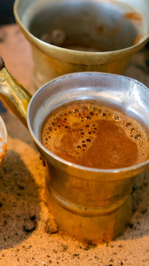 Greek coffee is made in a Briki (copper coffee maker). Greek coffee is usually drunk from a "flitzani", a typical Greek coffee cup.