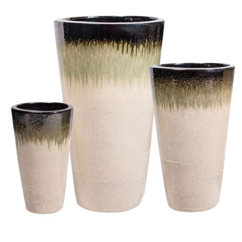 SOREN beige witte bloempotten van keramiek met olijf en zwarte rand 68cm