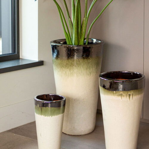 SOREN beige witte bloempotten van keramiek met olijf en zwarte rand 68cm