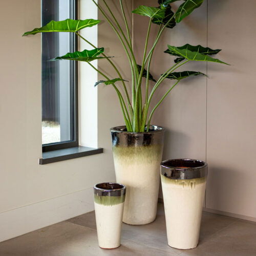 SOREN beige witte bloempotten van keramiek met olijf en zwarte rand 68cm