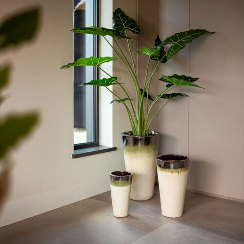 SOREN beige witte bloempotten van keramiek met olijf en zwarte rand 68cm