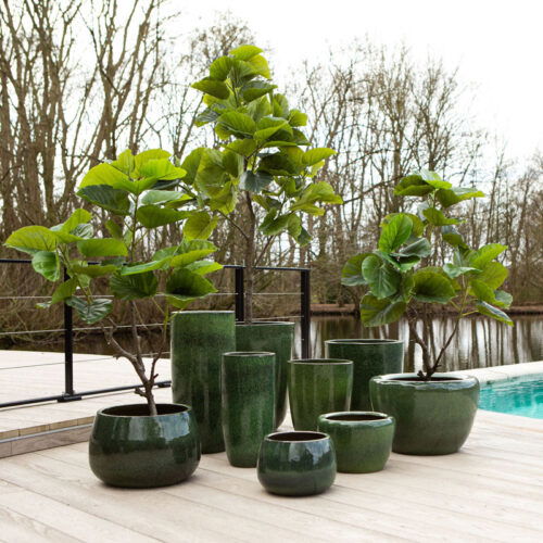 LENYA grote groene bloempotten set van keramiek voor buiten 62cm