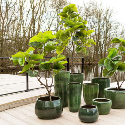 LENYA hoge groene bloempotten set van keramiek voor buiten 70cm