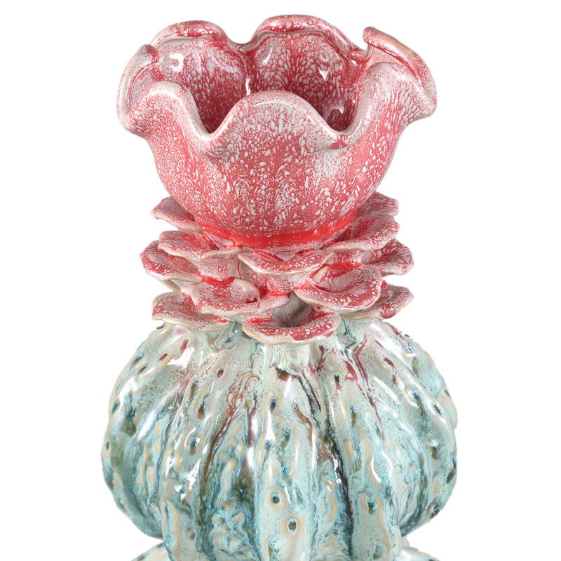 TAGEE hoge vaas decoratievaas turquoise roze keramiek met roos 42cm