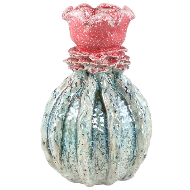 TAGEE design vaas decoratievaas turquoise roze keramiek met roos 33cm
