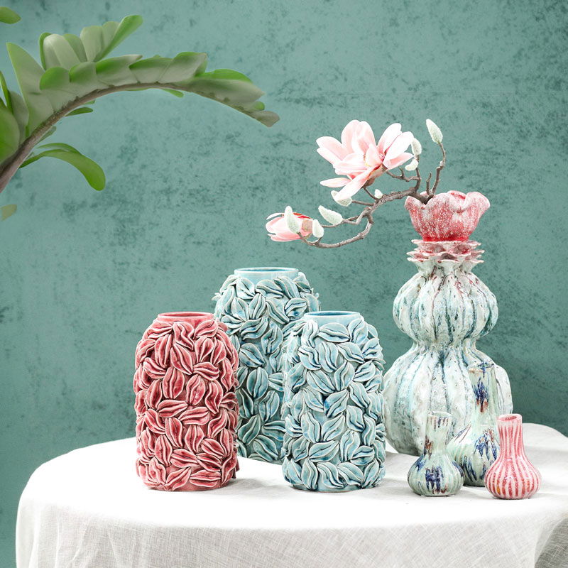 TAGEE hoge vaas decoratievaas turquoise roze keramiek met roos 42cm