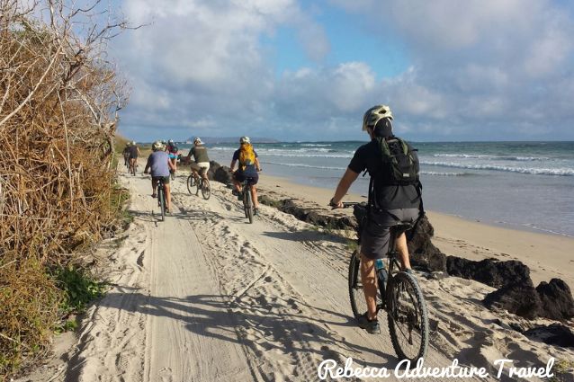 Travelers biking on the beach in Galapagos