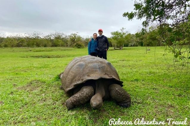 Travelers posing with a giant tortoise 