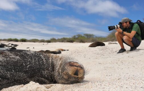 Galapagos Photographer with Sea Lion.