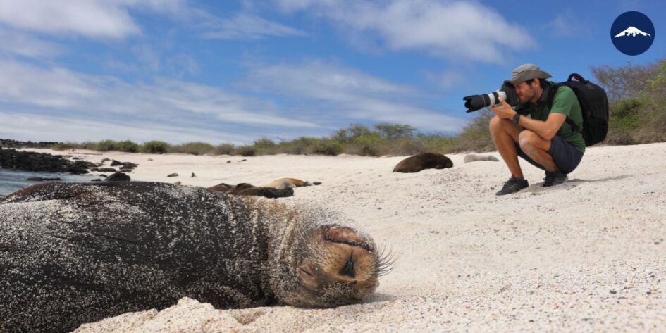 Galapagos Photographer with Sea Lion.
