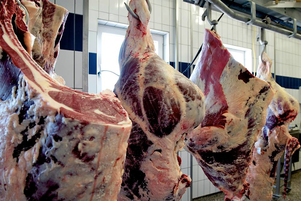 Grasgevoerd natuurvlees hangt bij de slager