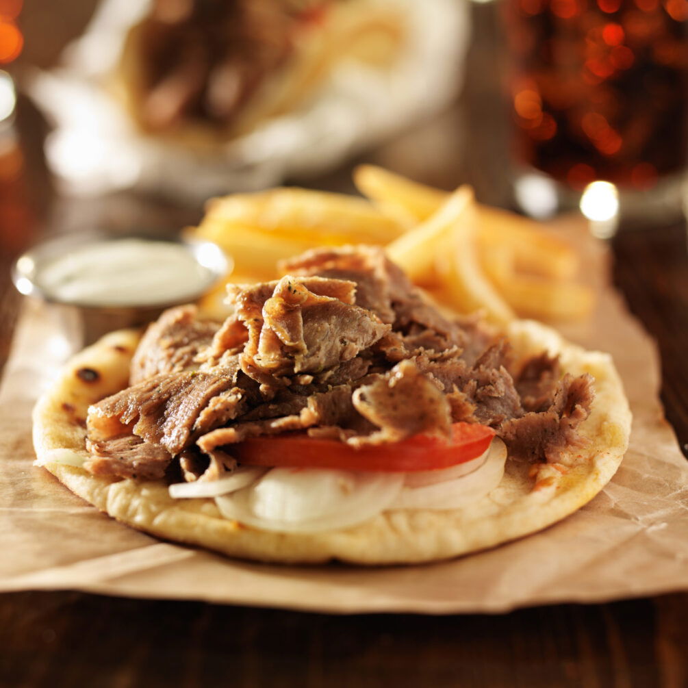 open greek gyros with fries