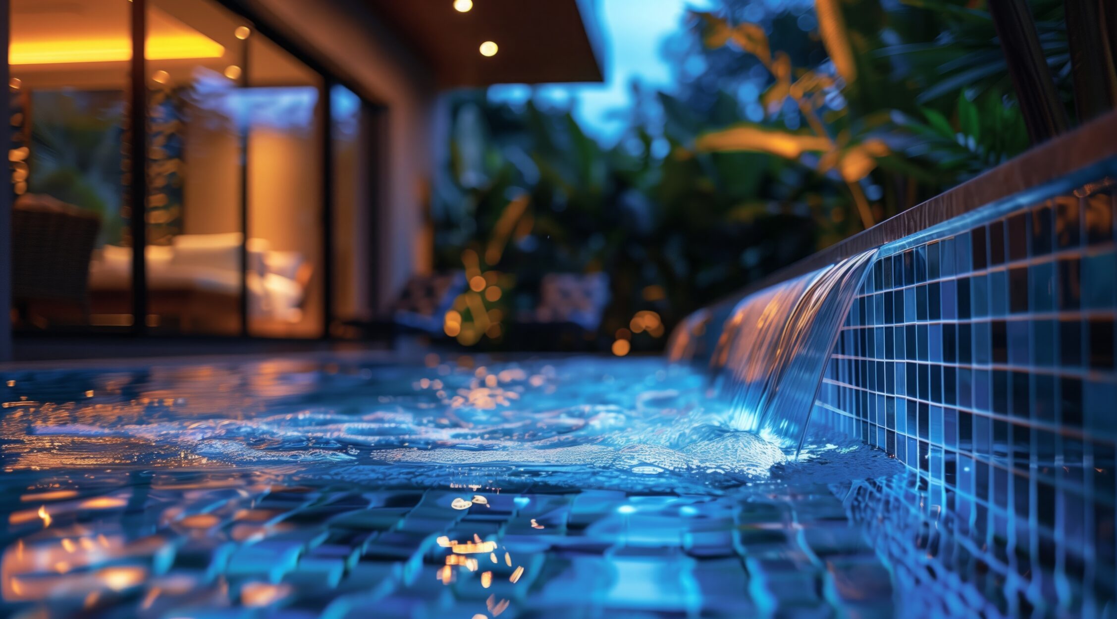 Close up of blue mosaic tiles on the edge of an in-ground swimmingpool with water ripples and lighting at night
