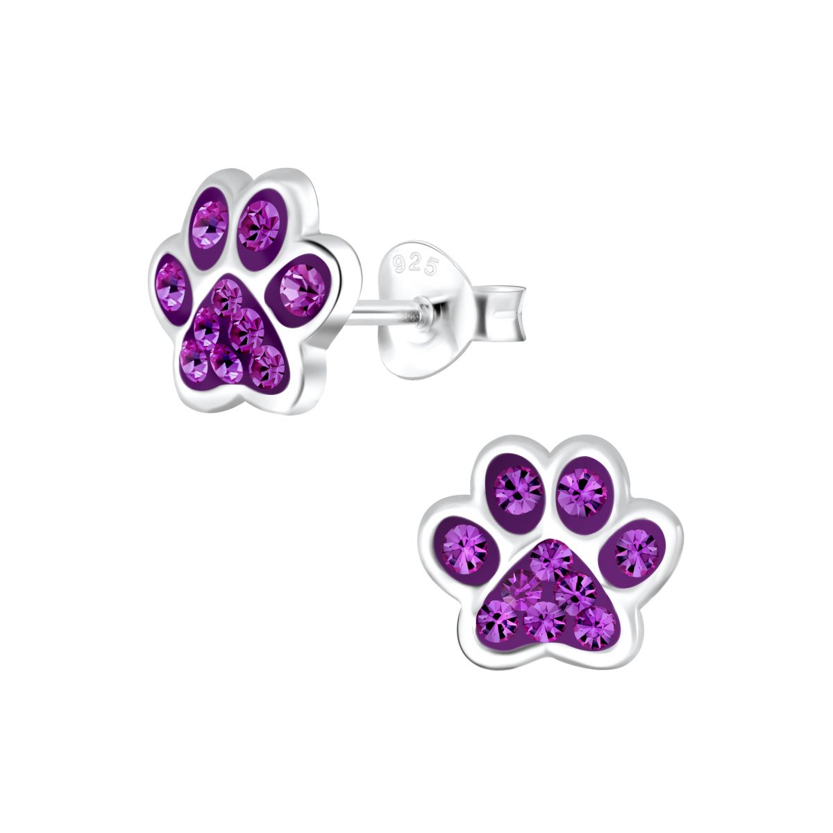 zilveren kinderoorbellen hondenpoot paars 20 kristal  Dierenpoot Oorknopjes Meisje Zilver  Zilverana  Sterling 925 Silver
