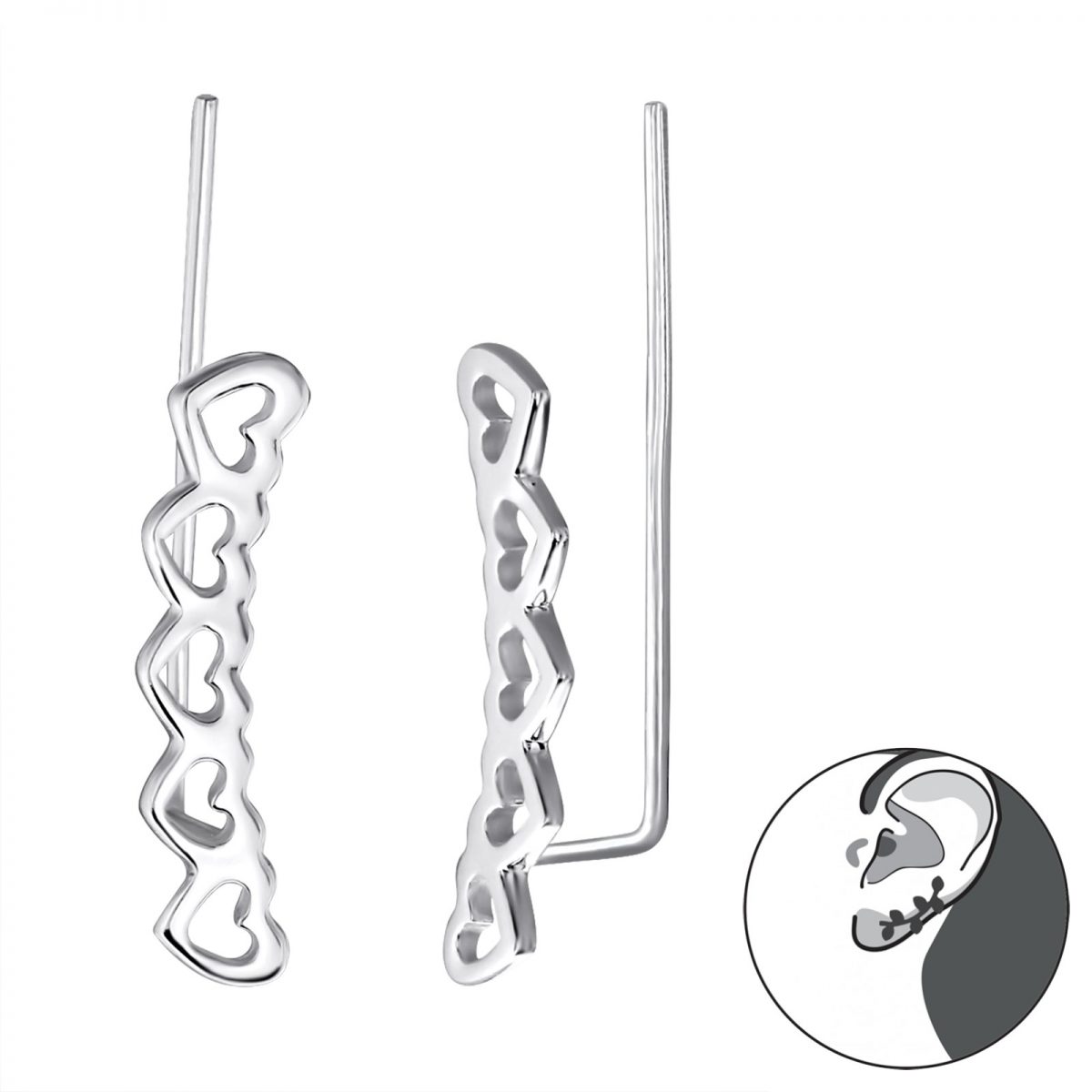 Zilverana  hartjes oorklimmer  ear cuff  ear climber oorbellen  zilver