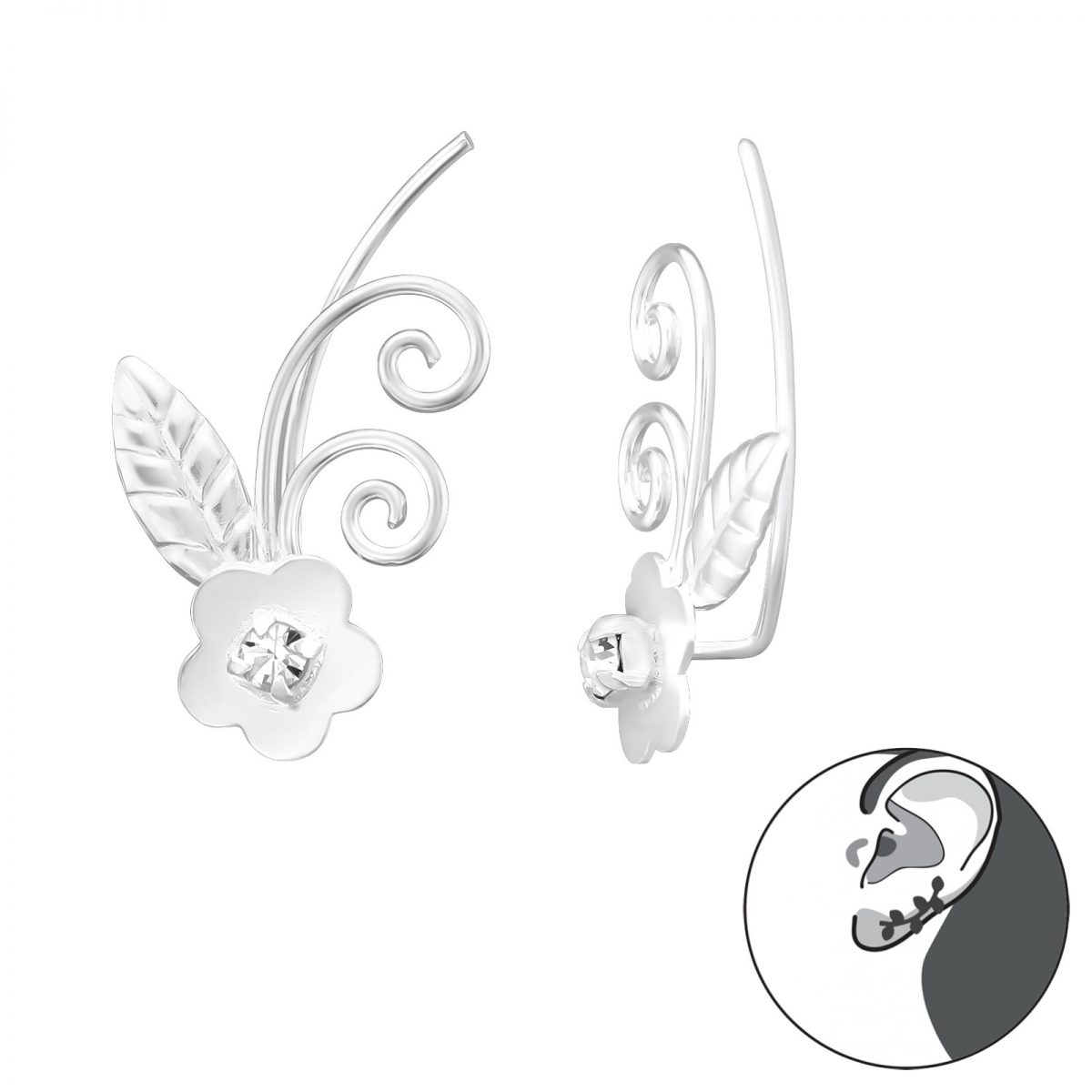 Zilverana -  oorklimmer - ear cuff - ear climber oorbellen - bloem 2 zirkonia - zilver