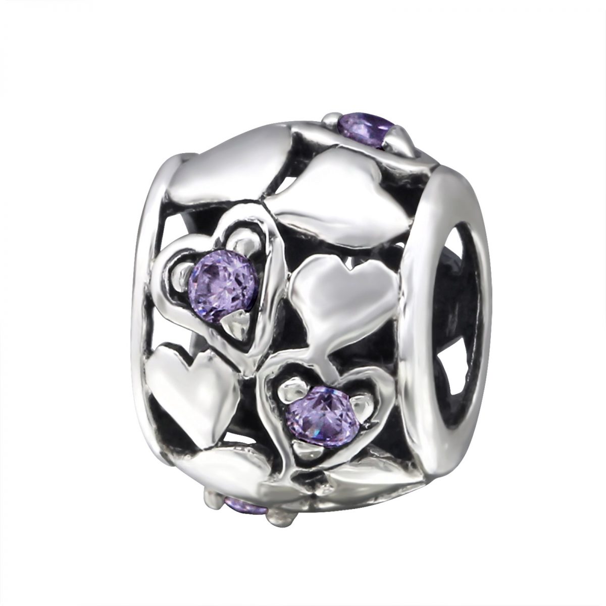 Hartjes bead paars met 5 zirconia  Bedel  Zilverana  geschikt voor Biagi , Pandora , Trollbeads armband  925 zilver