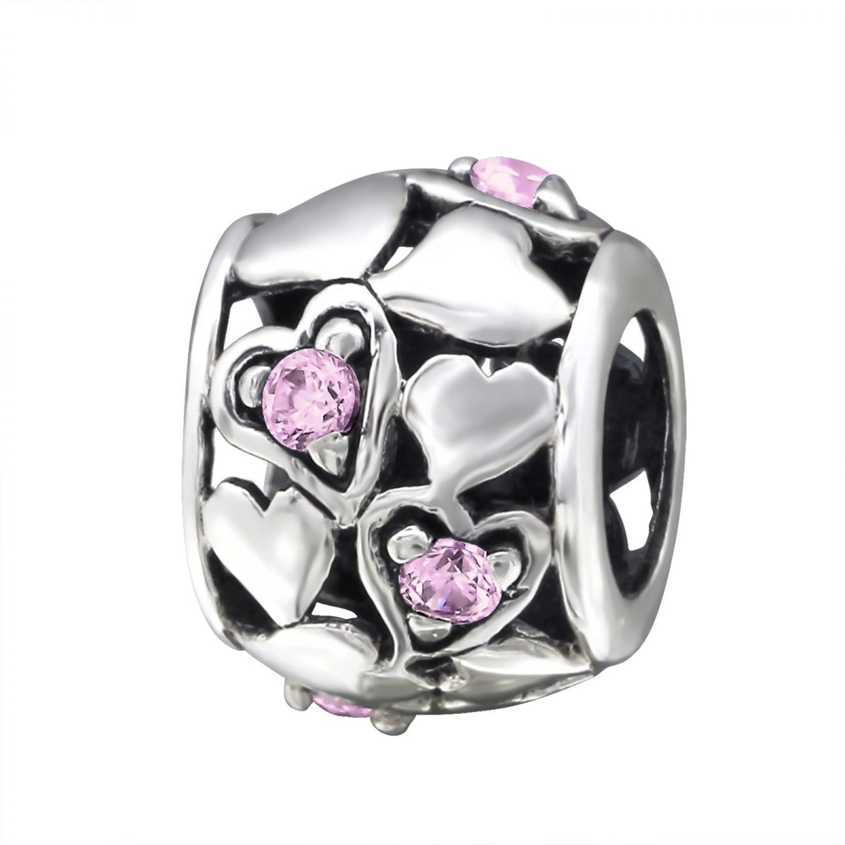 Hartjes bead pink roze met 5 zirconia  Bedel  Zilverana  geschikt voor Biagi , Pandora , Trollbeads armband  925 zilver