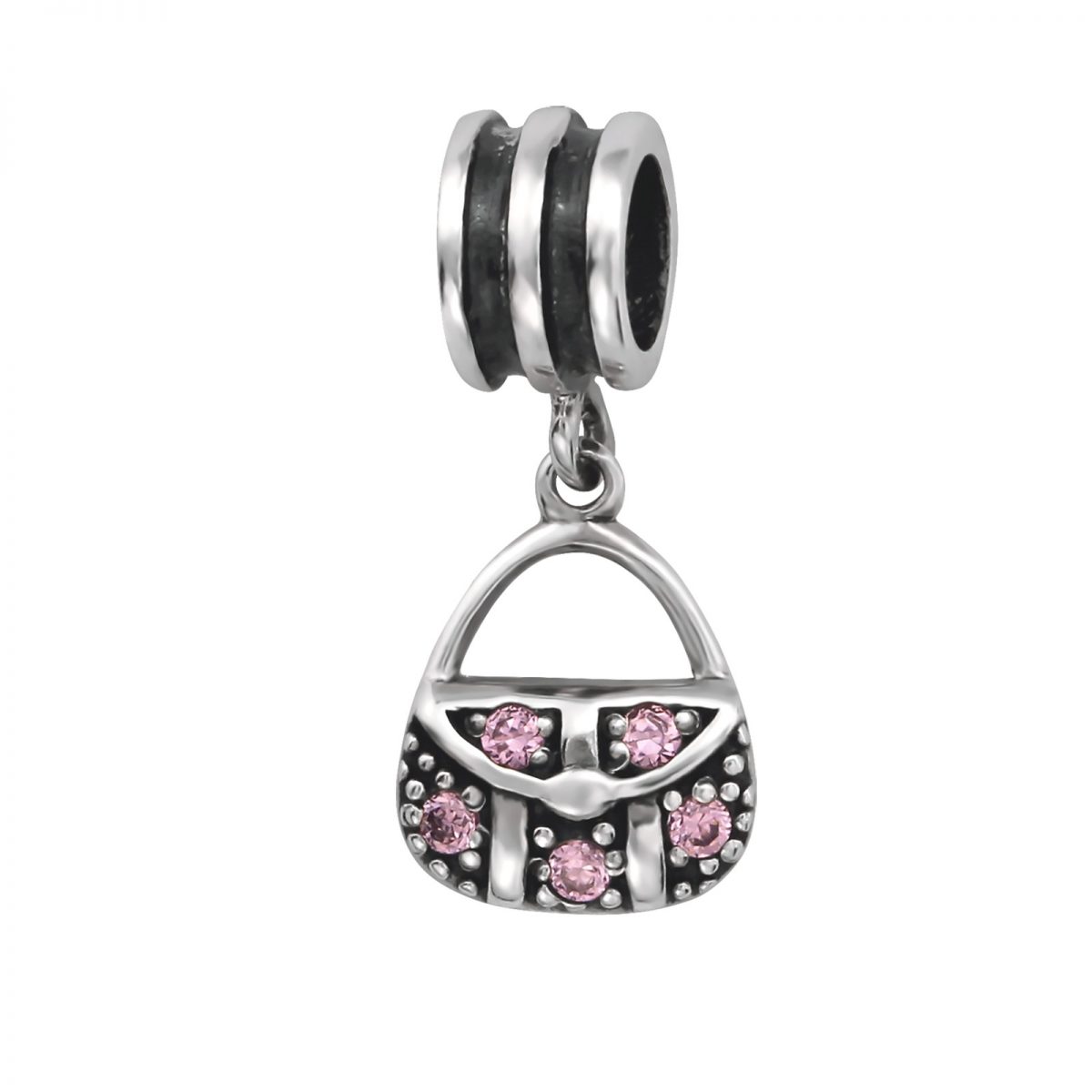 Handtas met 5 roze zirkonia dangle bedel  Zilverana  geschikt voor Biagi , Pandora , Trollbeads armband  925 zilver