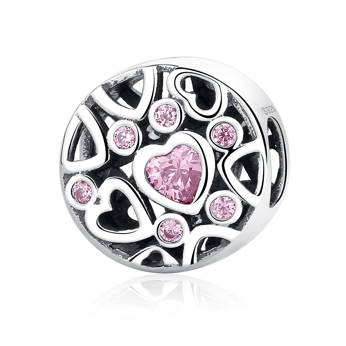 hart bead roze zirkonia  ronde hartjes bedel  Zilverana  geschikt voor Biagi , Pandora , Trollbeads armband  925 zilver
