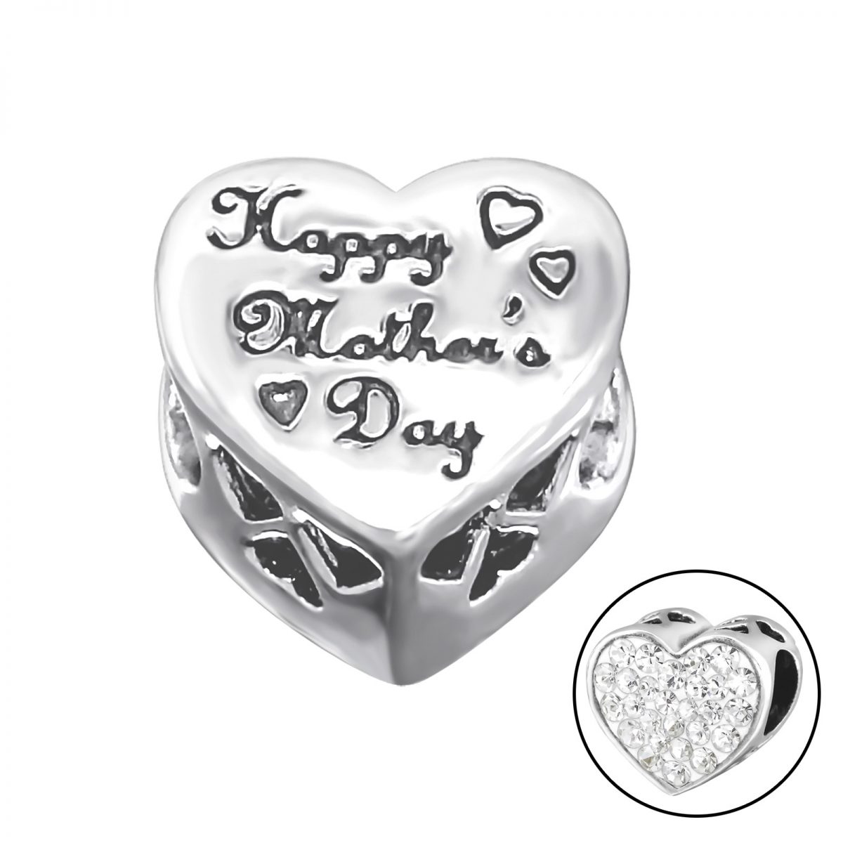 Hartvormige Mothersday moederdag bedel met 27 zirkonia  Zilverana  geschikt voor Biagi , Pandora , Trollbeads armband  925 zilver
