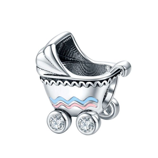 Kinderwagen bedel met zirconia  baby bead  Zilverana  geschikt voor Biagi , Pandora , Trollbeads armband  925 zilver