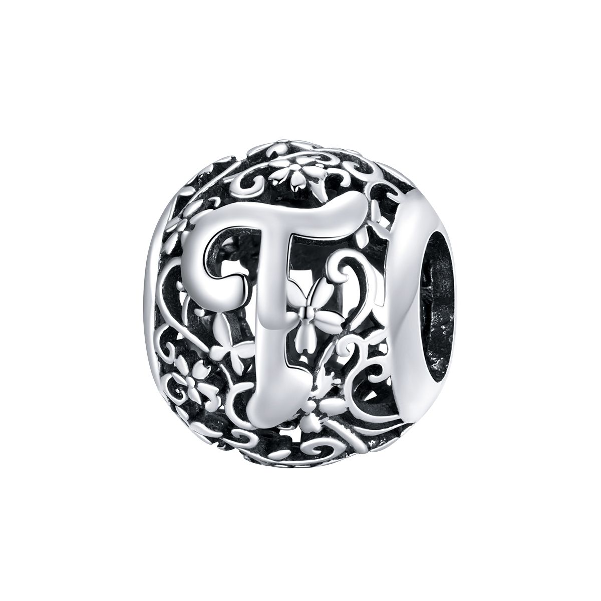 Letter T romantisch bedel  alfabet bead  Zilverana  geschikt voor Biagi , Pandora , Trollbeads armband  925 zilver