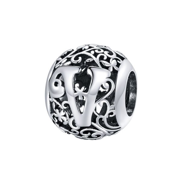 Letter V romantisch bedel  alfabet bead  Zilverana  geschikt voor Biagi , Pandora , Trollbeads armband  925 zilver