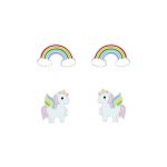 Zilveren regenboog en unicorn kinderoorbellen unicorn oorknopjes Meisje Zilver regenboog oorknopjes Meisje Zilver kindersetje oorstekers Zilverana Sterling 925 Silver kindersieraden setje