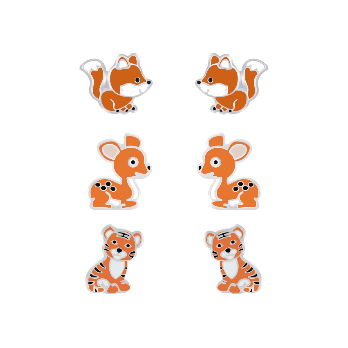 Zilveren tijger vos hert kinderoorbellen tijger oorknopjes Meisje Zilver vosje oorknopjes Meisje Zilver hertje oorknopjes Meisje Zilver kindersetje oorstekers Zilverana Sterling 925 Silver kindersieraden setje