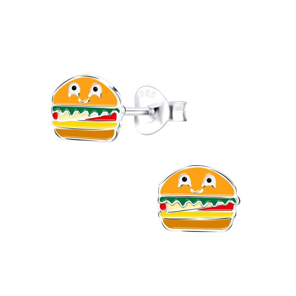 Zilveren kinderoorbellen in de vorm van een leuke hamburger  Burger oorknopjes Meisje Zilver  Zilverana  Sterling 925 Silver