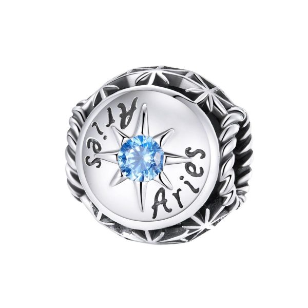 Sterrenbeeld ram bedel met licht blauwe zirkonia geboortesteen  zodiac aries bead  Zilverana  geschikt voor Biagi , Pandora , Trollbeads armband  925 zilver