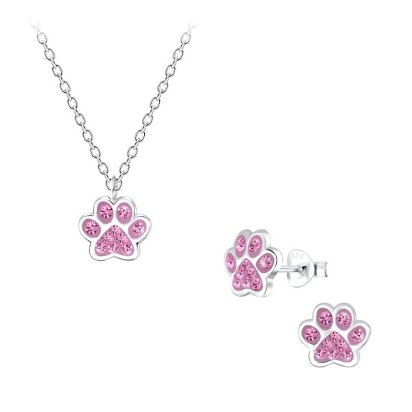 Zilveren hondenpoot roze zirkona kinderoorbellen en ketting poot hond kat beer oorknopjes Meisje Zilver kinderketting pootje kindersetje oorstekers ketting Zilverana Sterling 925 Silver kindersieraden setje