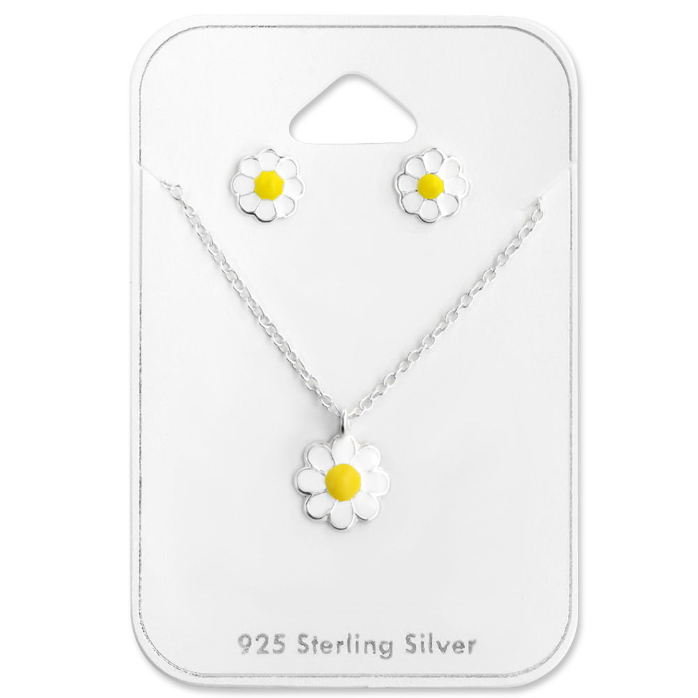 Zilveren madeliefje combi kinderketting en kinderoorbellen in echt zilver van Zilverana.