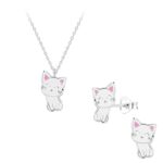 Zilver kindersetje wit katje kinderoorbellen en combi kinderketting in echt 925 zilver van Zilverana. Prachtige ketting en oorbellen meisjes
