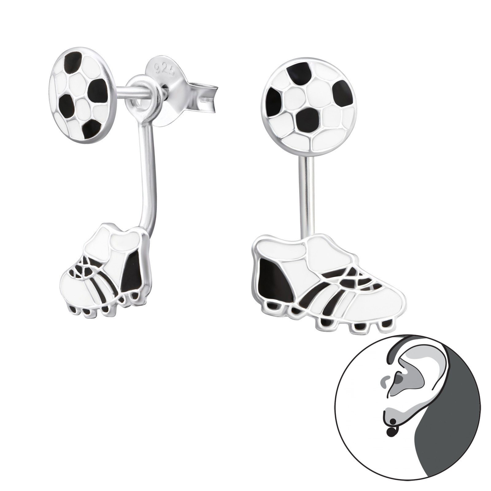 Zilveren voetbal voetbalschoen oorknopjes met hanger in exht 925 zilver - Zilverana