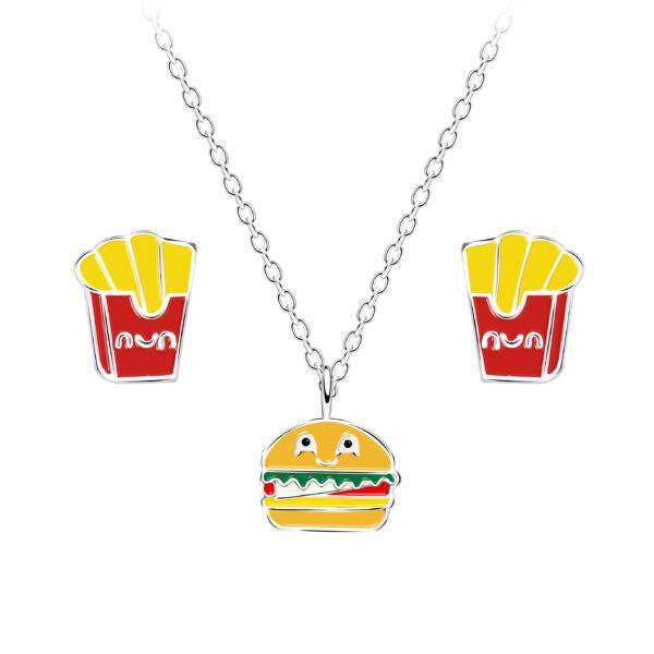 Leuk kinder sieraden setje in het zilver bestaande uit frietjes oorknopjes en een kinderketting met een hamburger hangertje