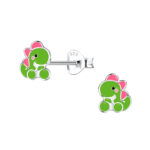 Zilveren happy dinosaurus kinderoorknopjes met roze accenten in 925 echt zilver van Zilverana