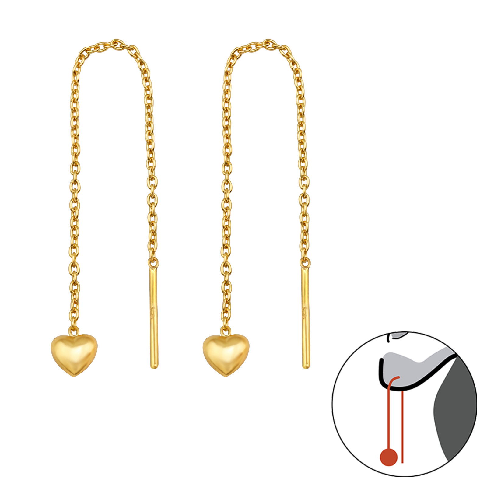 Zilver doortrek oorbellen Thread through hartje gold plated Zilveran Zilver doortrek oorbellen Thread through hartje gold plated - Afbeelding 1