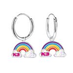 K3 oorringen regenboogglitterwolkjes K3 logo zilver