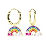 K3 oorringen regenboog glitterwolkjes K3 logo goldplated zilver