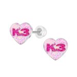 K3 oorstekers roze glitterhart met K3 logo zilver