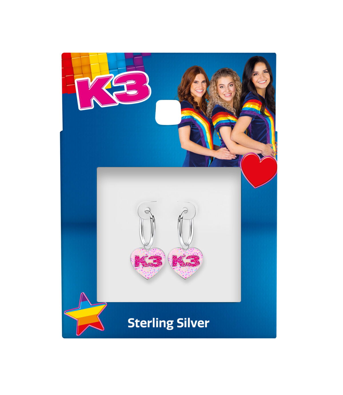 K3  oorringen met hanger roze glitterhart K3 logo zilver - Afbeelding 2