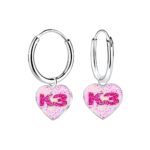 K3  oorringen met hanger roze glitterhart K3 logo zilver