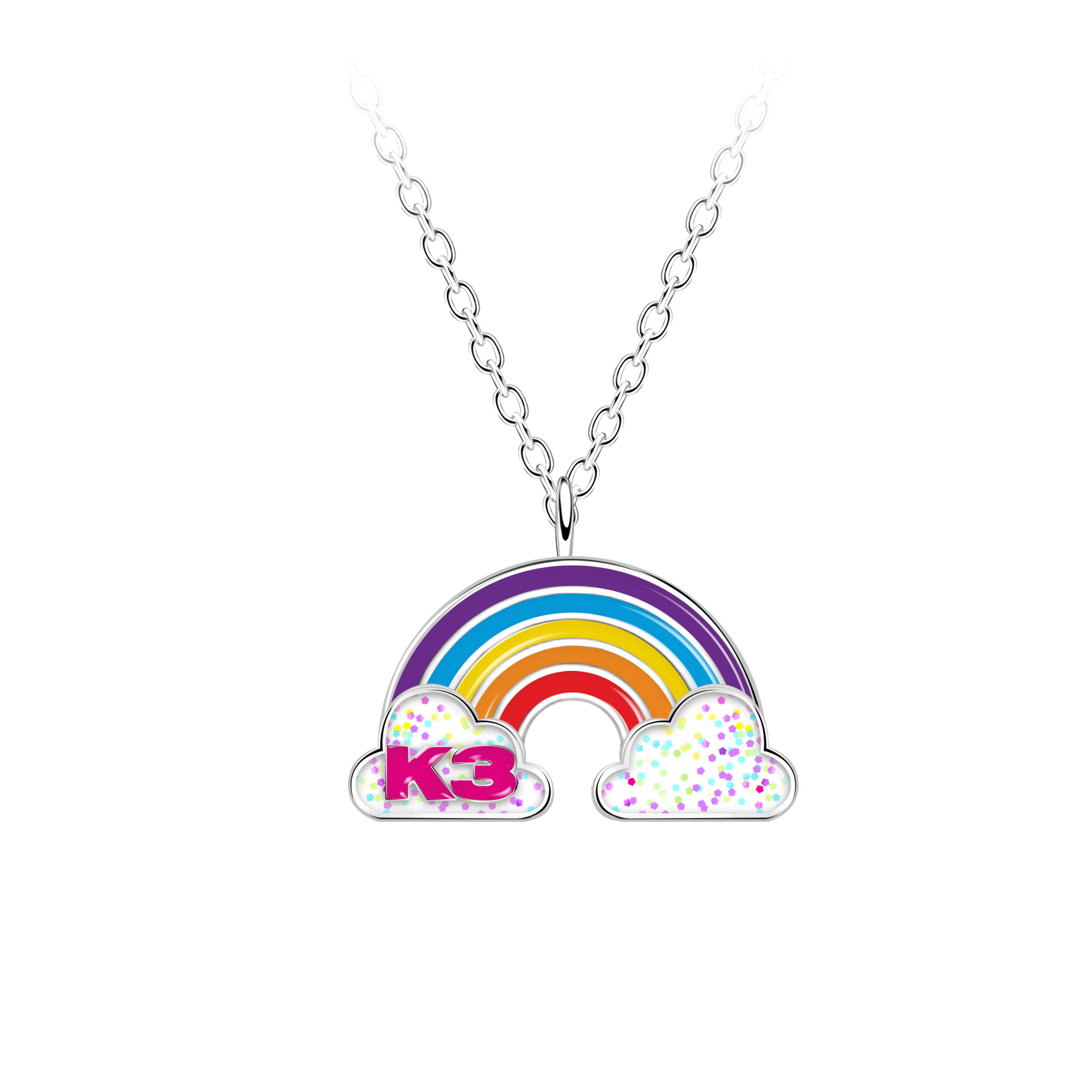SD47-Zilveren-ketting-K3-collectie-regenboog-met-glitterwolken-en-K3-logo K3 ketting regenboog glitterwolkjes K3 logo zilver - Afbeelding 1