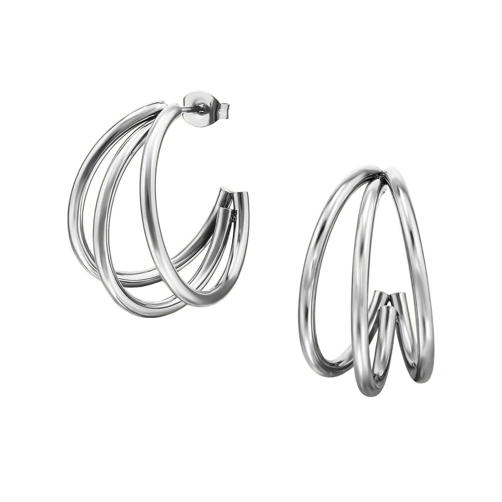 05_227 Zilveren stainless steel 3 gebogen lijnen oorbellen - Afbeelding 1